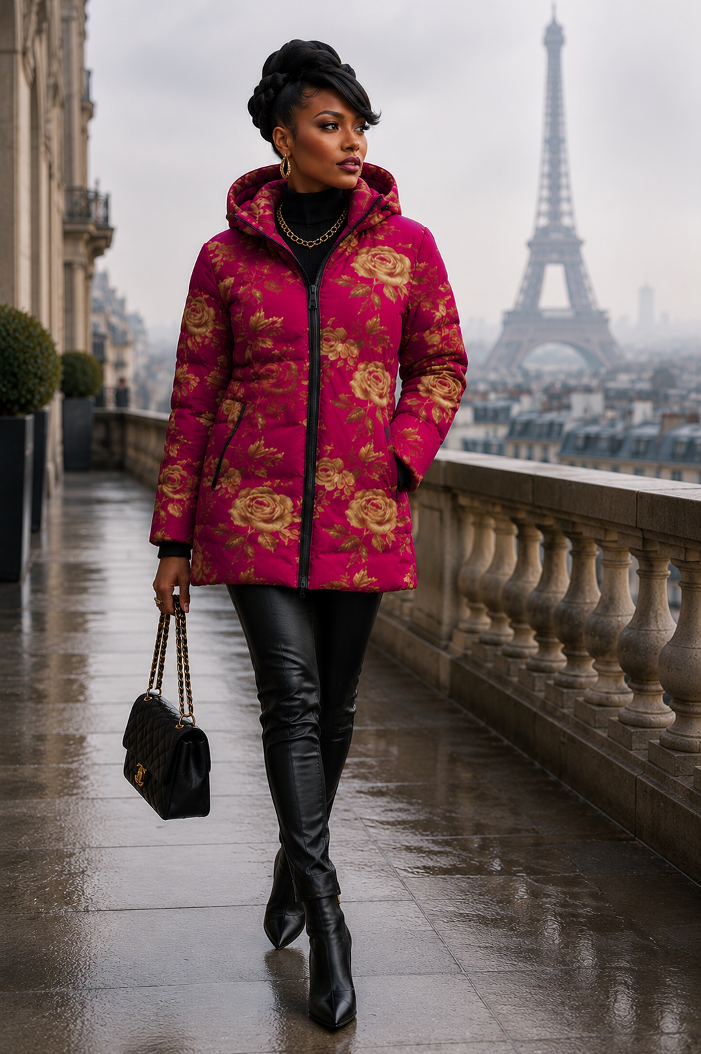 Rich and Rich Women's Fuschia with Gold Roses Hooded Puffer Coat