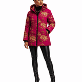 Women's fuchsia puffer coat with gold rose print and detachable hood — side view