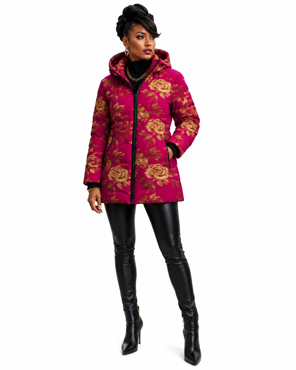 Rich and Rich Women's Fuschia with Gold Roses Hooded Puffer Coat