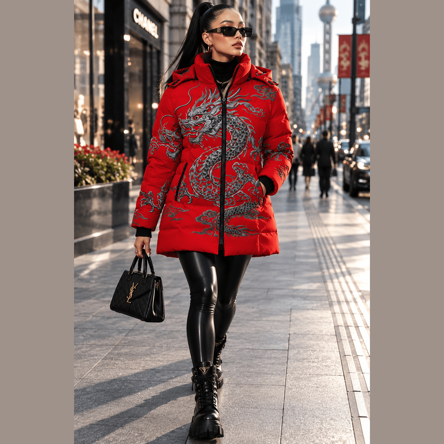 Red hooded women's puffer coat with Feng Shui dragon artwork, detachable hood, and zipper