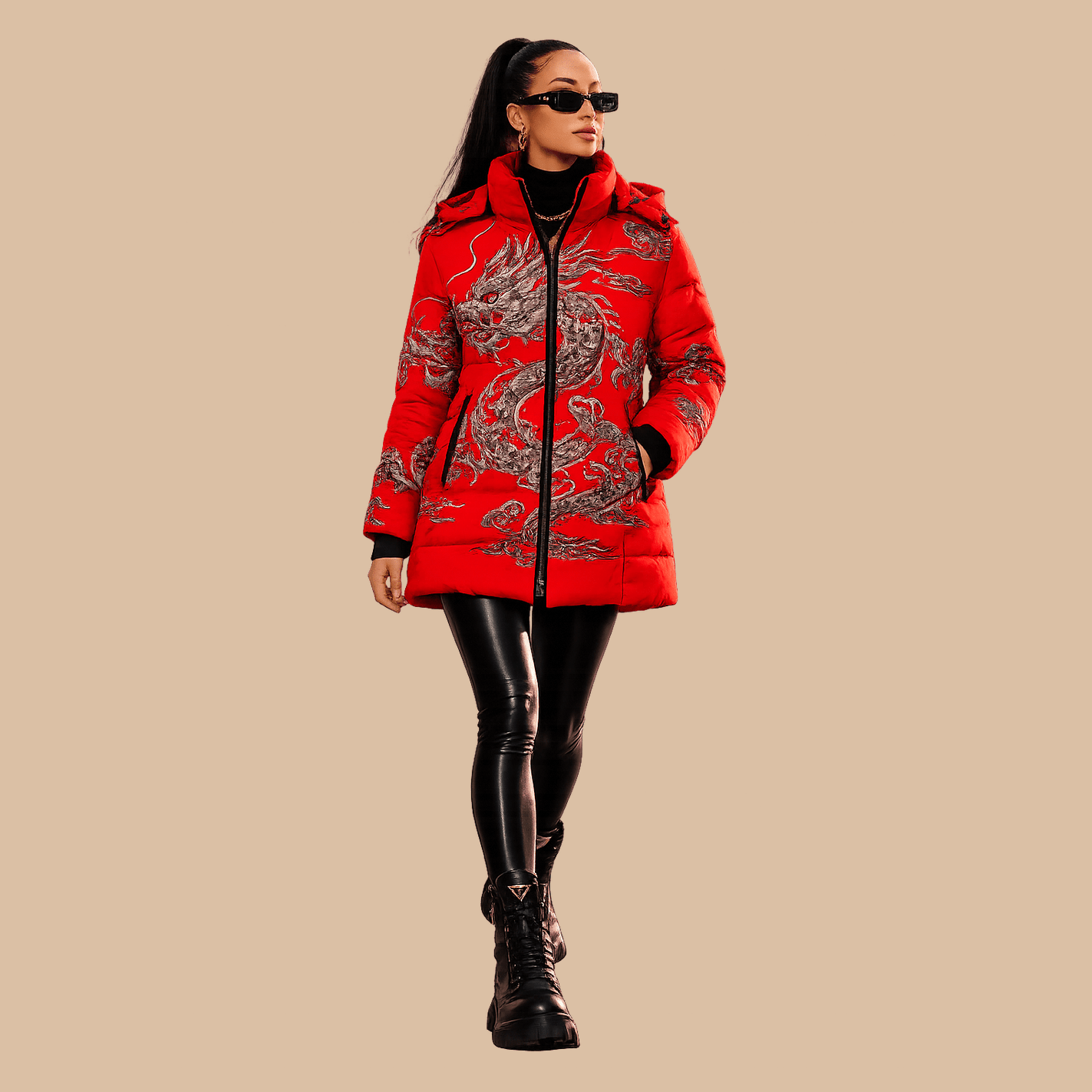 Red hooded women's puffer coat with Feng Shui dragon artwork, detachable hood, and zipper — rear view