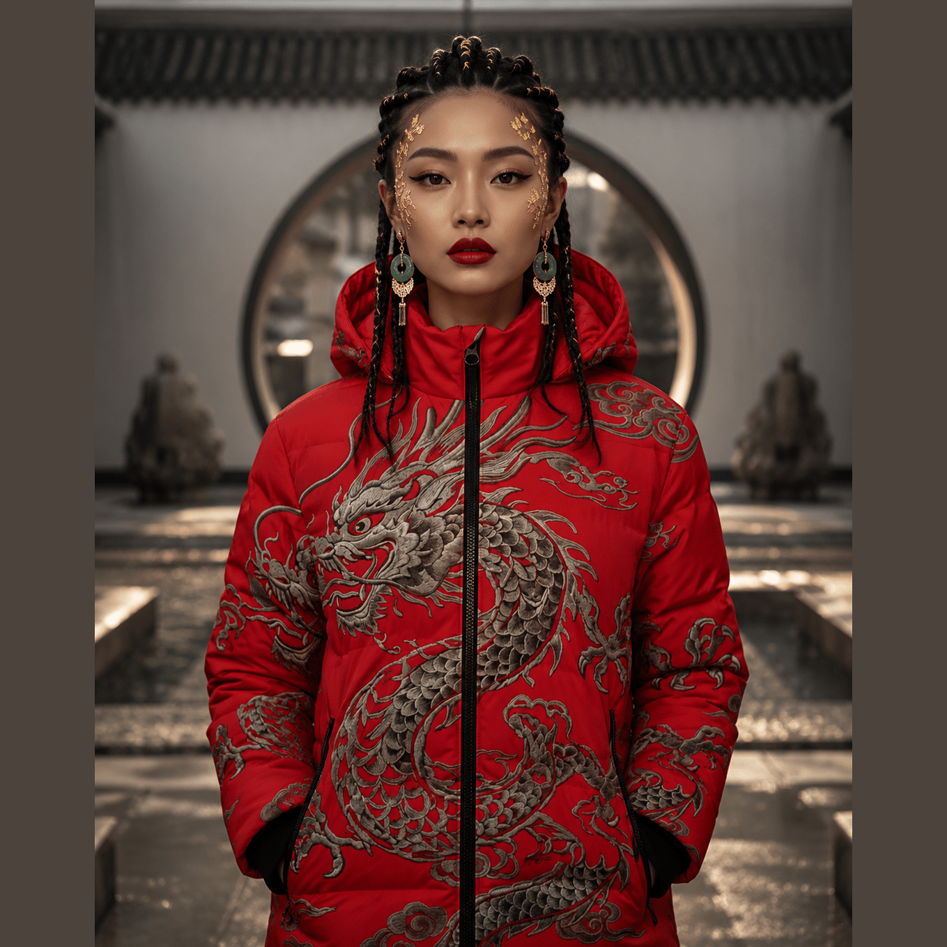 Red hooded women's puffer coat with Feng Shui dragon artwork, detachable hood, and zipper — alternate view