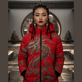 Red hooded women's puffer coat with Feng Shui dragon artwork, detachable hood, and zipper — alternate view