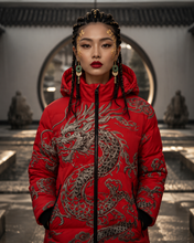Load image into Gallery viewer, Rich and Rich Women's Red Feng Shui Dragon Hooded Puffer Coat
