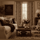 Vintage beige floral damask blackout curtain with metal grommets, 52 by 84 inches