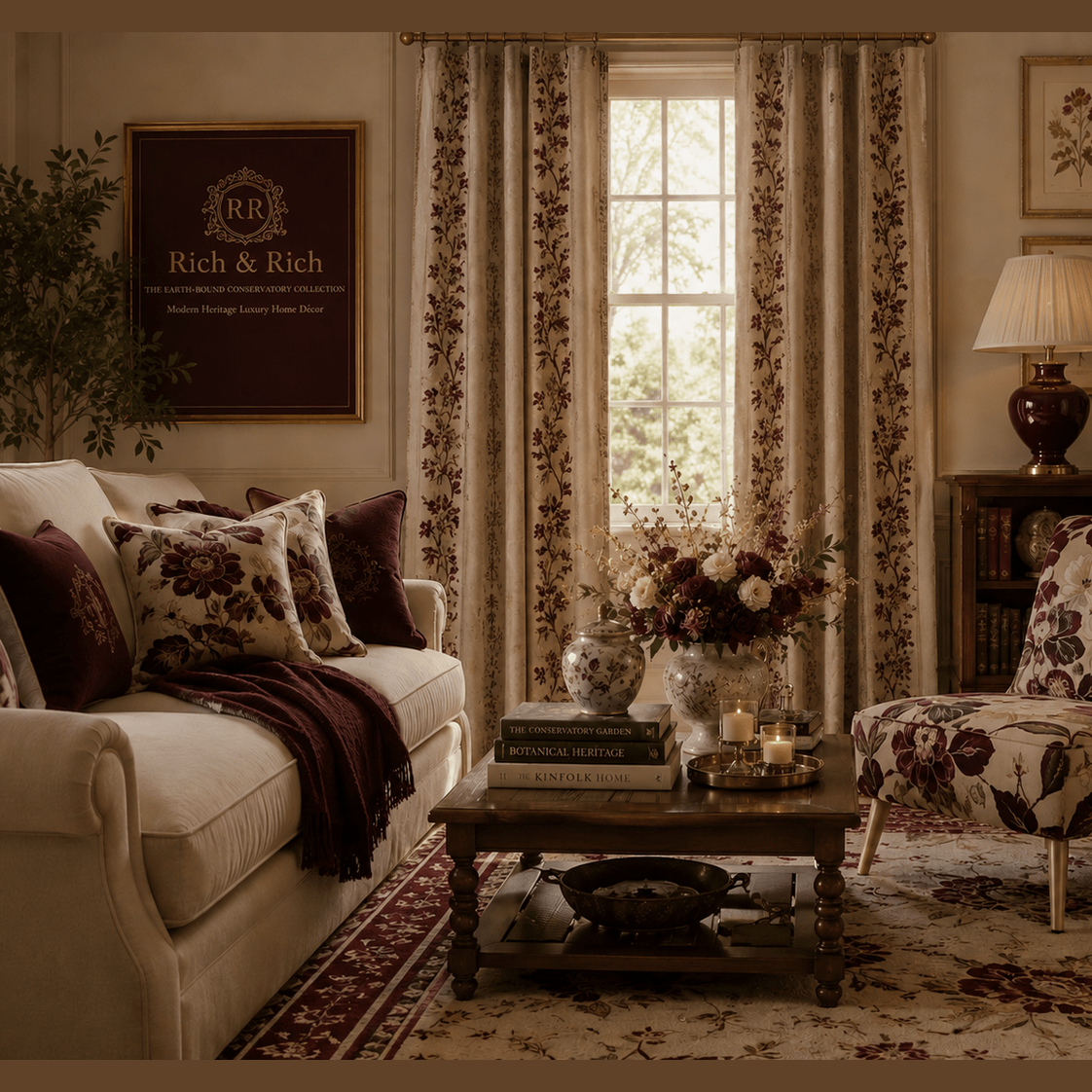 Beige floral damask curtains styled in modern heritage living room