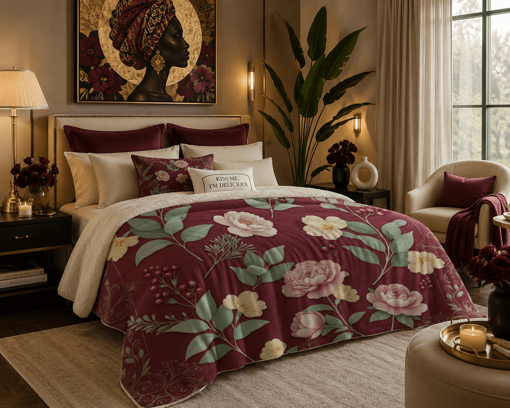 Rich and Rich Burgundy Botanical Sherpa Fleece Blanket Sherpa Fleece Blanket 90"x108" - Rich and Rich Homeopportunities