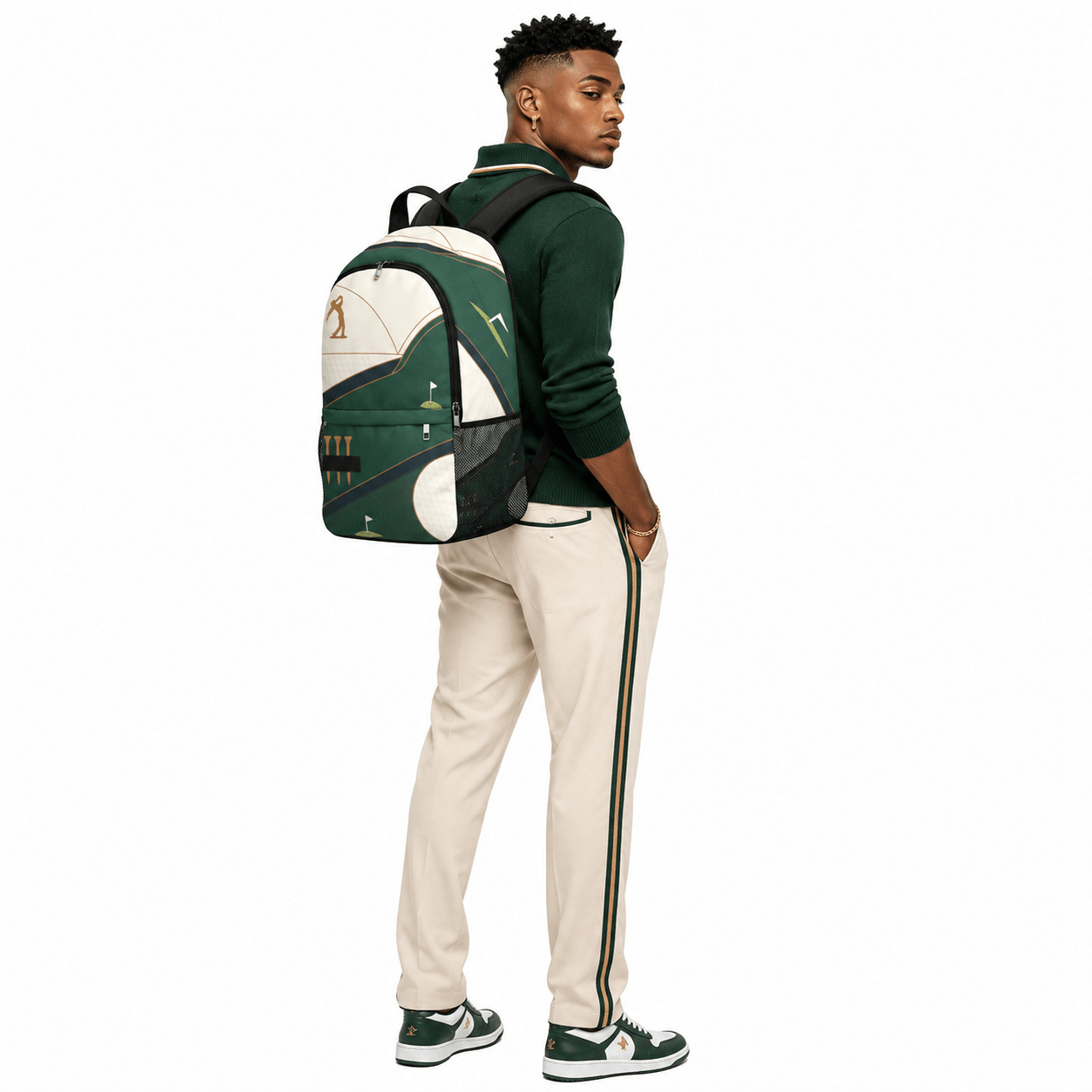 A Rich and Rich Men's Green Designer Golf Backpack Fabric Backpack with Side Mesh Pockets (Model 1659) - Rich and Rich Homeopportunities