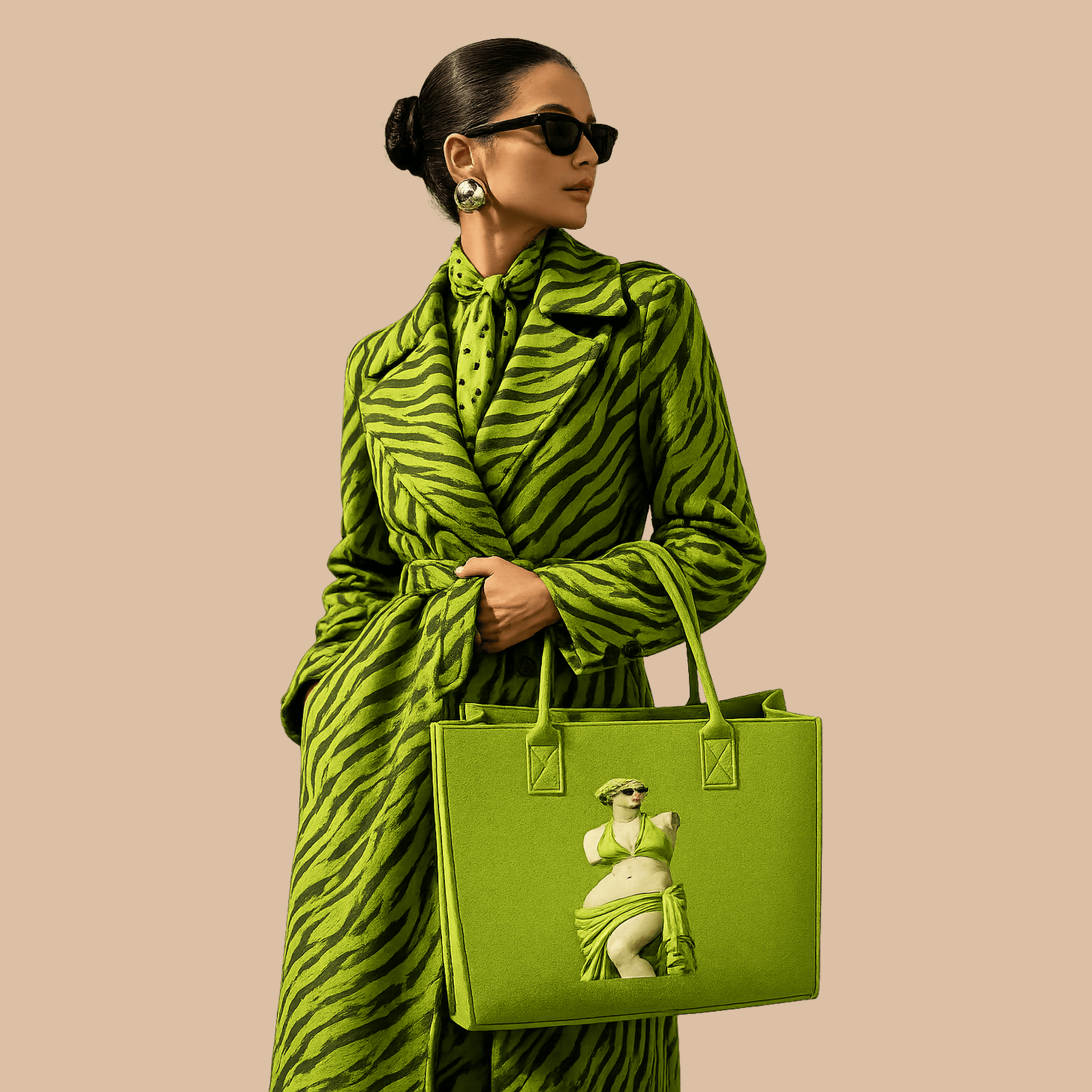 Light green felt tote bag with Modern Goddess artwork, structured heavyweight felt — alternate view
