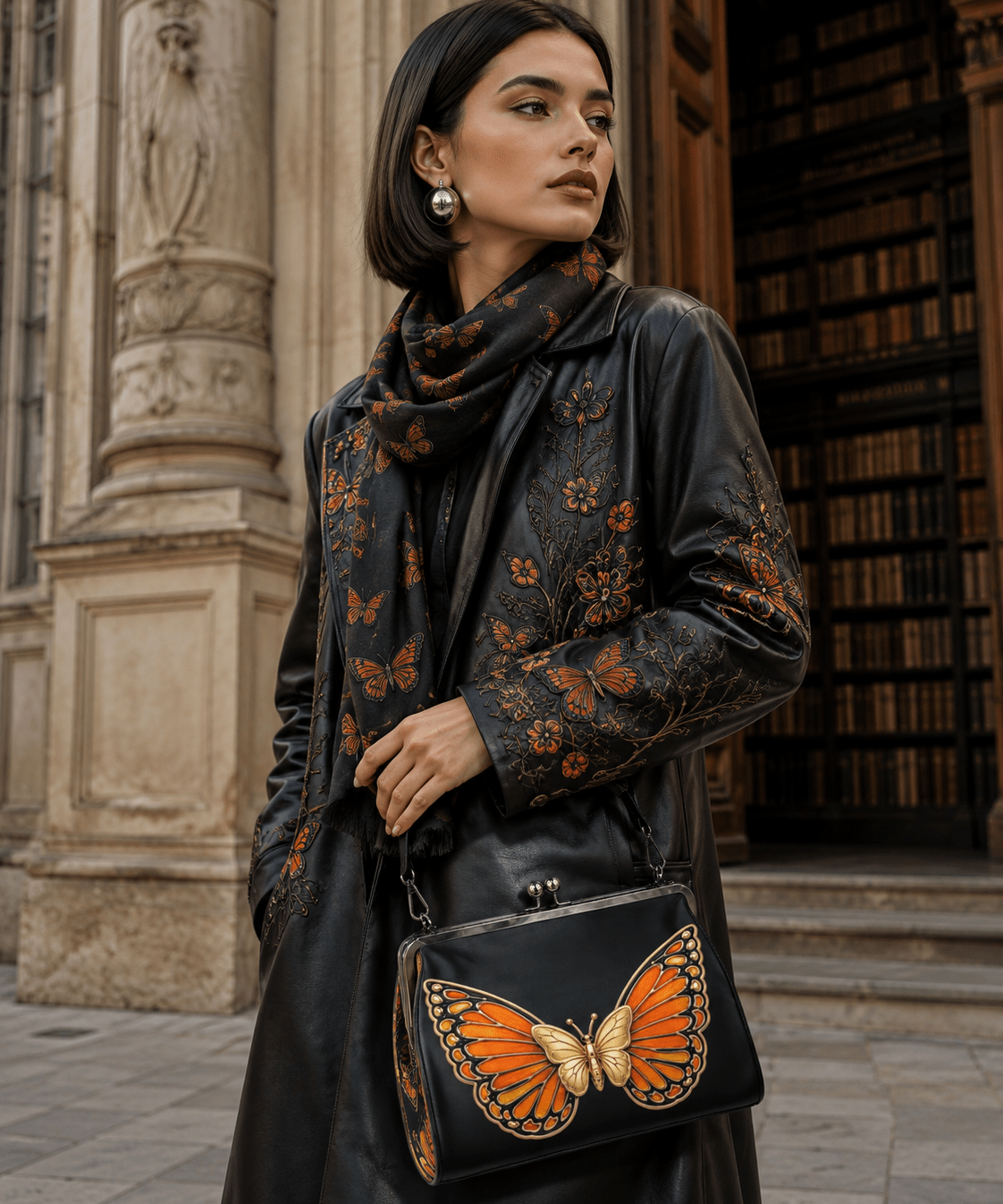 Orange waxed PU leather kisslock crossbody bag with monarch artwork and rivet-accented straps