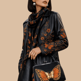 Orange waxed PU leather kisslock crossbody bag with monarch artwork and rivet-accented straps — alternate view