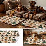 Tropical botanical and tribal print pet mat in bright colors, 25 by 18 inches — alternate view