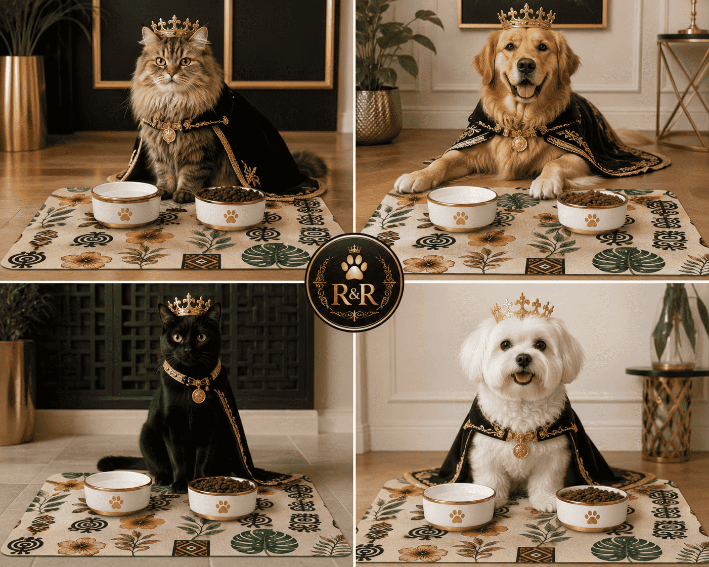 Beige personalized pet feeding mat with absorbent surface and non-slip rubber backing