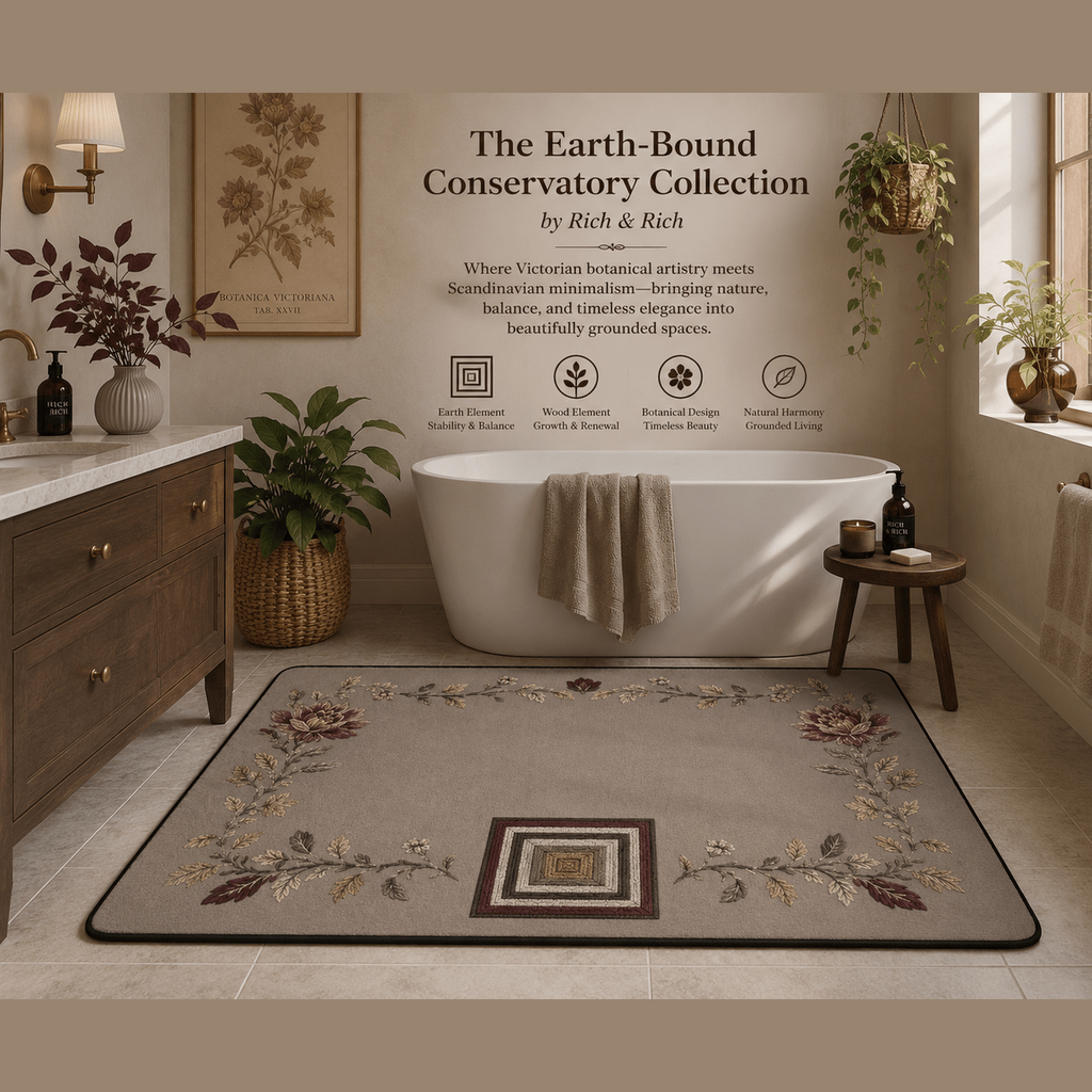 Earth-Bound Conservatory collection rug with burgundy floral vines in bathroom setting