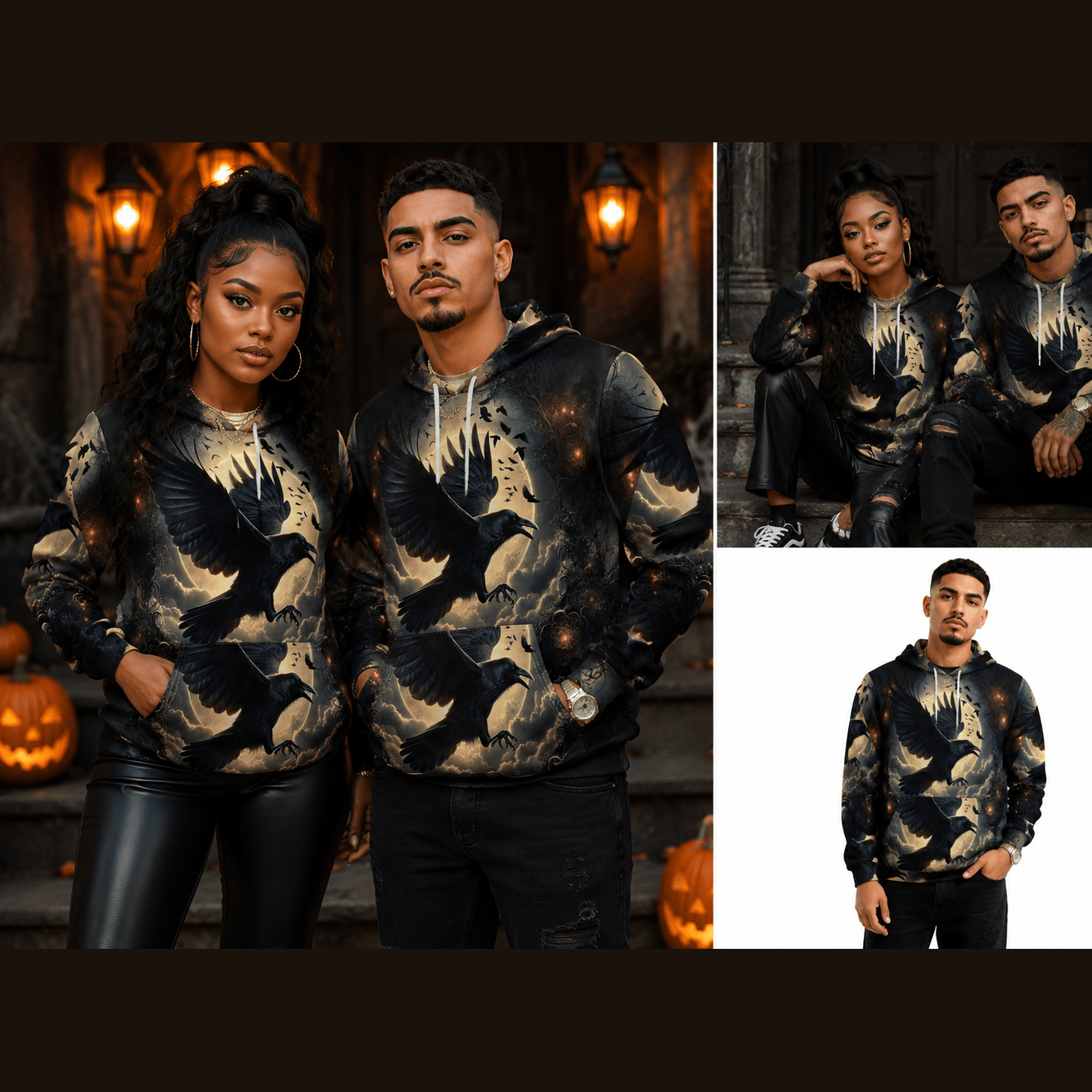 Mystical Raven Pullover Hoodie lifestyle collage views
