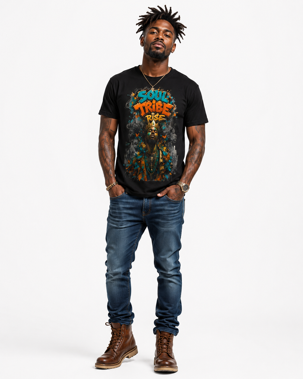 Rich and Rich Soul Tribe Rise Men’s T-Shirt | All-Over Print Streetwear Tee with Ancestral Art Energy