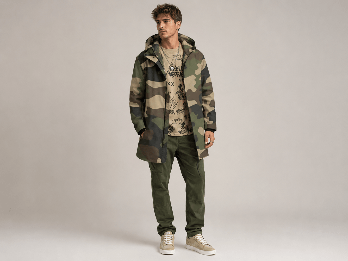 Camo green mid-length men's hooded coat with fleece lining and zip closure