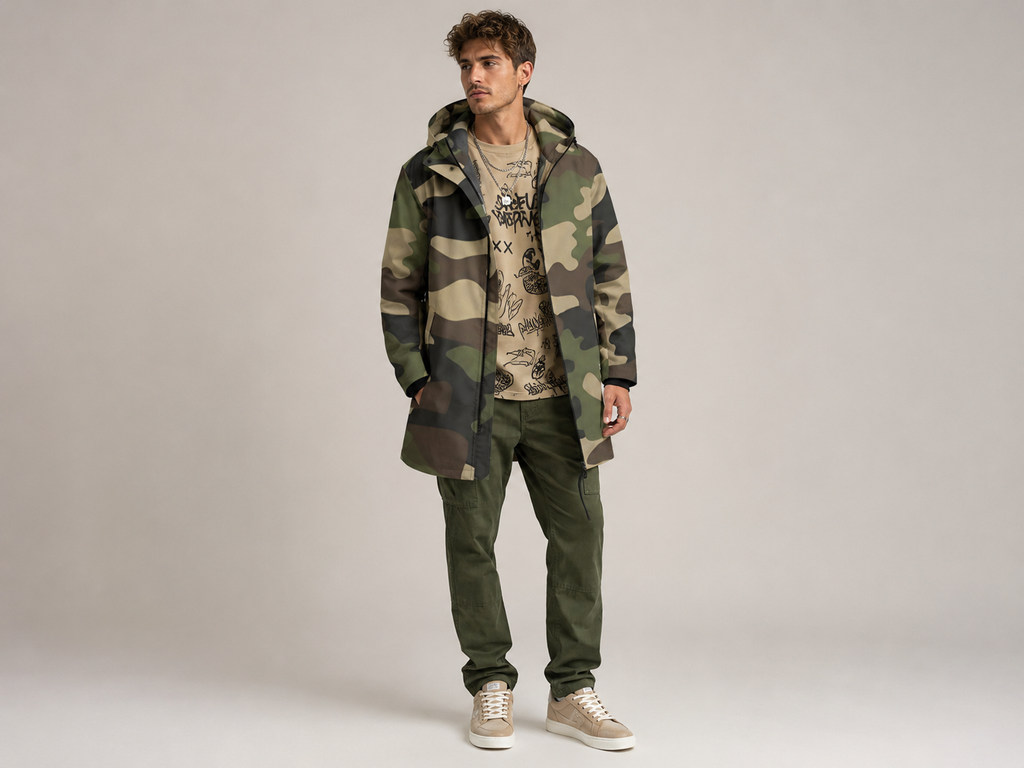 Rich and Rich Camo Green Men’s Fleece-Lined Mid Length Hooded Coat | Fall & Winter Streetwear Jacket