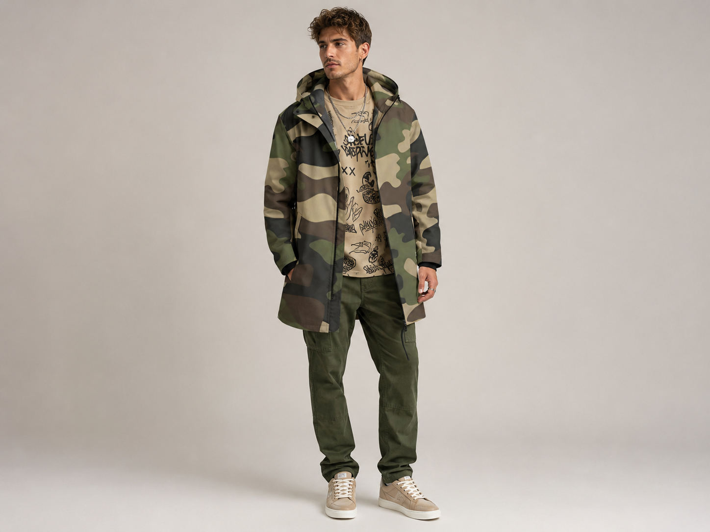 Rich and Rich Camo Green Men’s Fleece-Lined Mid Length Hooded Coat | Fall & Winter Streetwear Jacket
