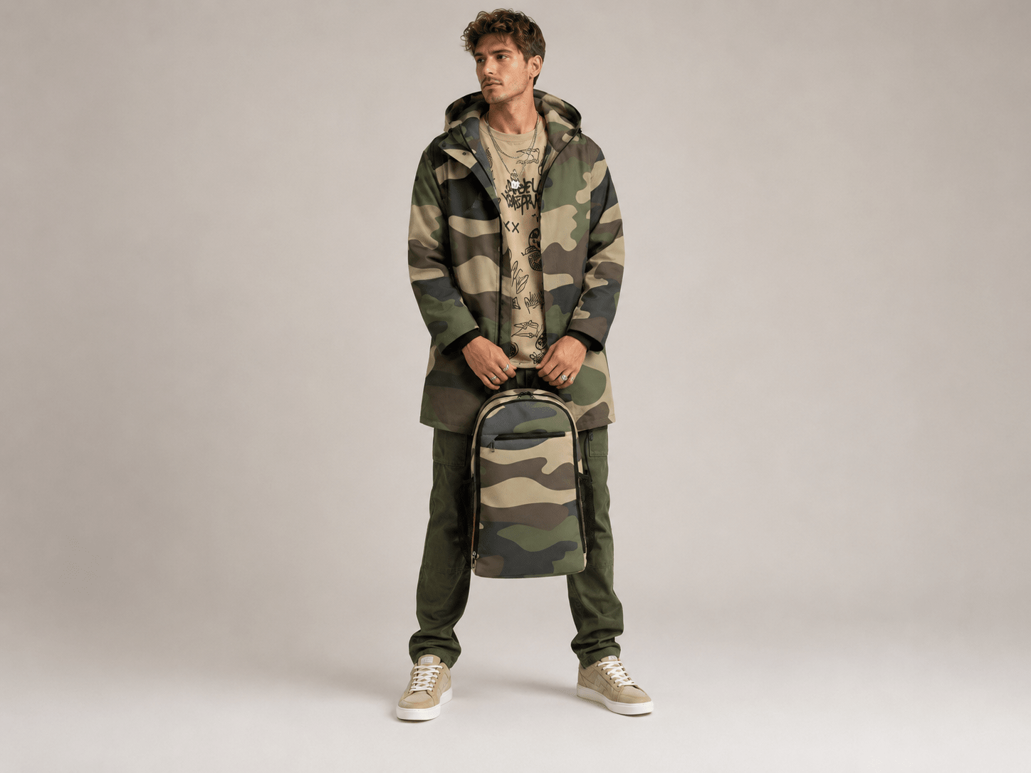Camo green mid-length men's hooded coat with fleece lining and zip closure — additional view 6