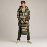 Camo green mid-length men's hooded coat with fleece lining and zip closure — additional view 6