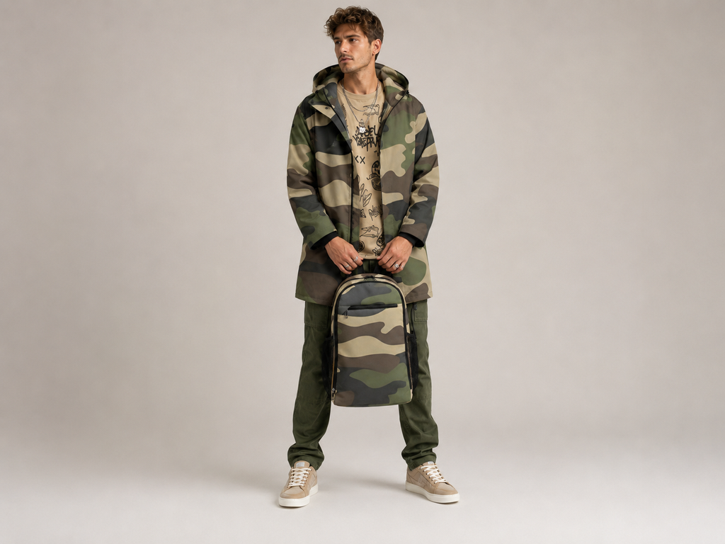 Rich and Rich Camo Green Men’s Fleece-Lined Mid Length Hooded Coat | Fall & Winter Streetwear Jacket