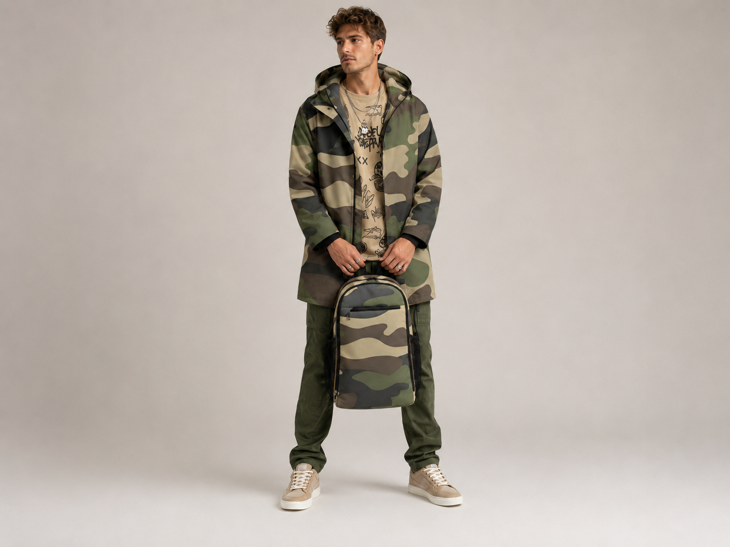 Rich and Rich Camo Green Men’s Fleece-Lined Mid Length Hooded Coat | Fall & Winter Streetwear Jacket