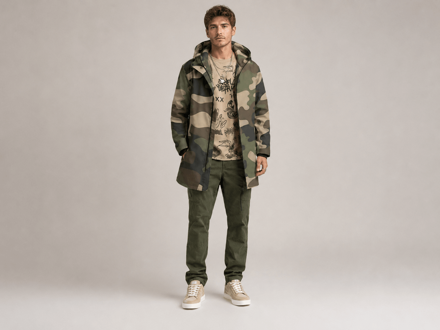 Camo green mid-length men's hooded coat with fleece lining and zip closure — alternate view