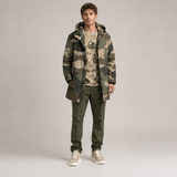 Camo green mid-length men's hooded coat with fleece lining and zip closure — alternate view