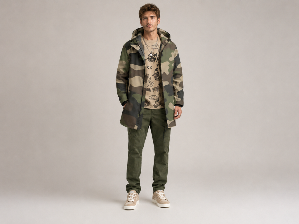 Rich and Rich Camo Green Men’s Fleece-Lined Mid Length Hooded Coat | Fall & Winter Streetwear Jacket