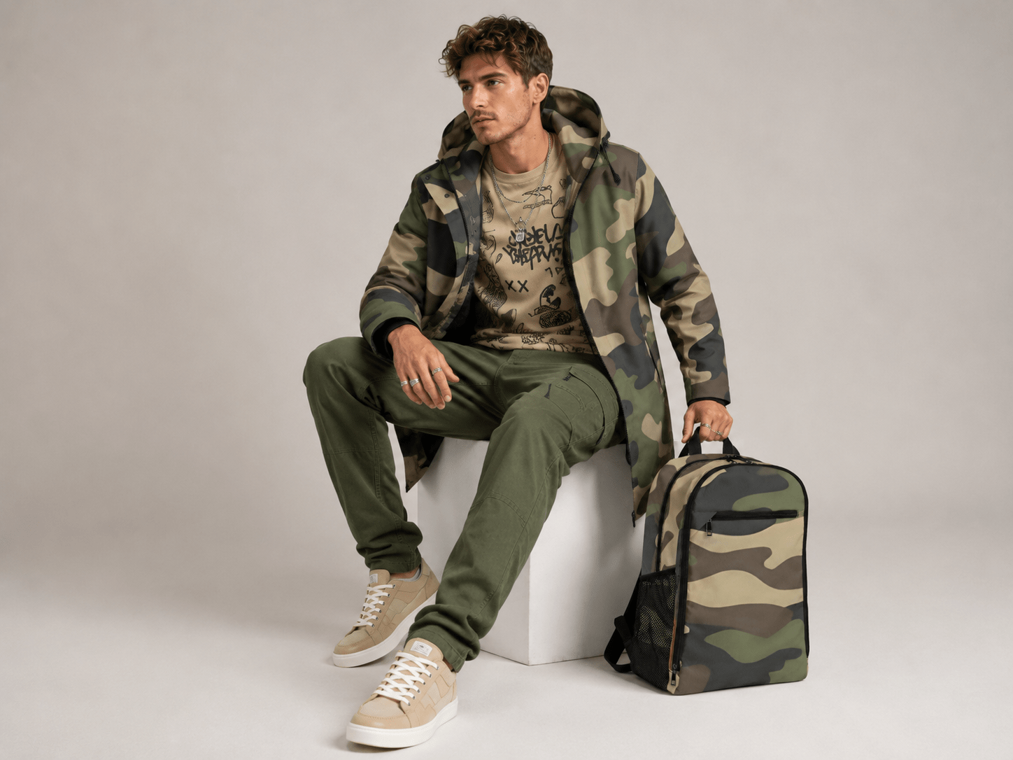 Camo green mid-length men's hooded coat with fleece lining and zip closure — additional view 7