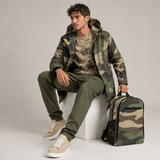 Camo green mid-length men's hooded coat with fleece lining and zip closure — additional view 7