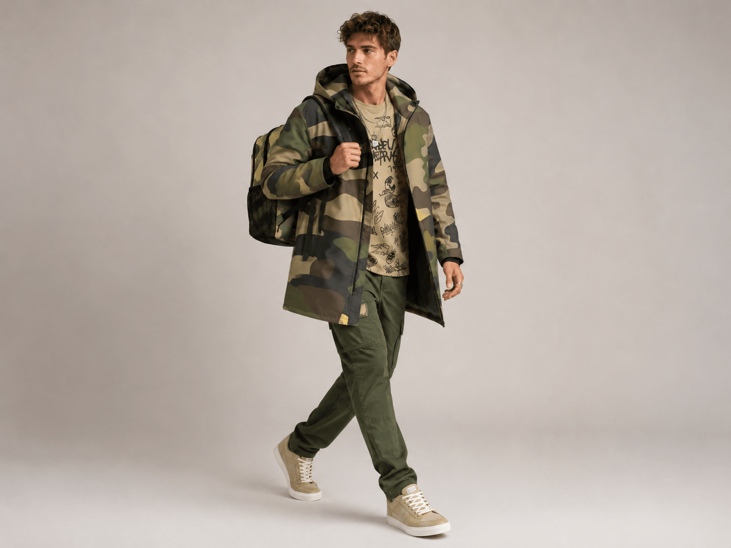 Camo green mid-length men's hooded coat with fleece lining and zip closure — product detail