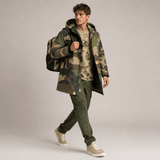 Camo green mid-length men's hooded coat with fleece lining and zip closure — product detail
