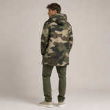 Camo green mid-length men's hooded coat with fleece lining and zip closure — side view