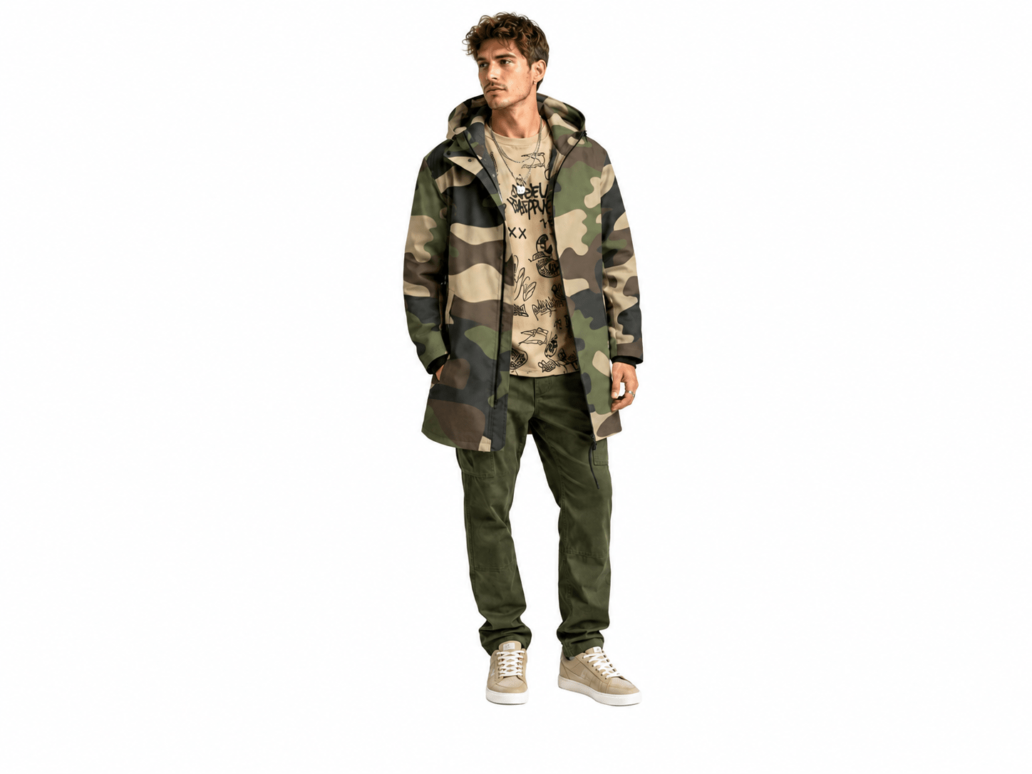 Camo green mid-length men's hooded coat with fleece lining and zip closure — rear view
