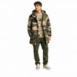 Camo green mid-length men's hooded coat with fleece lining and zip closure — rear view