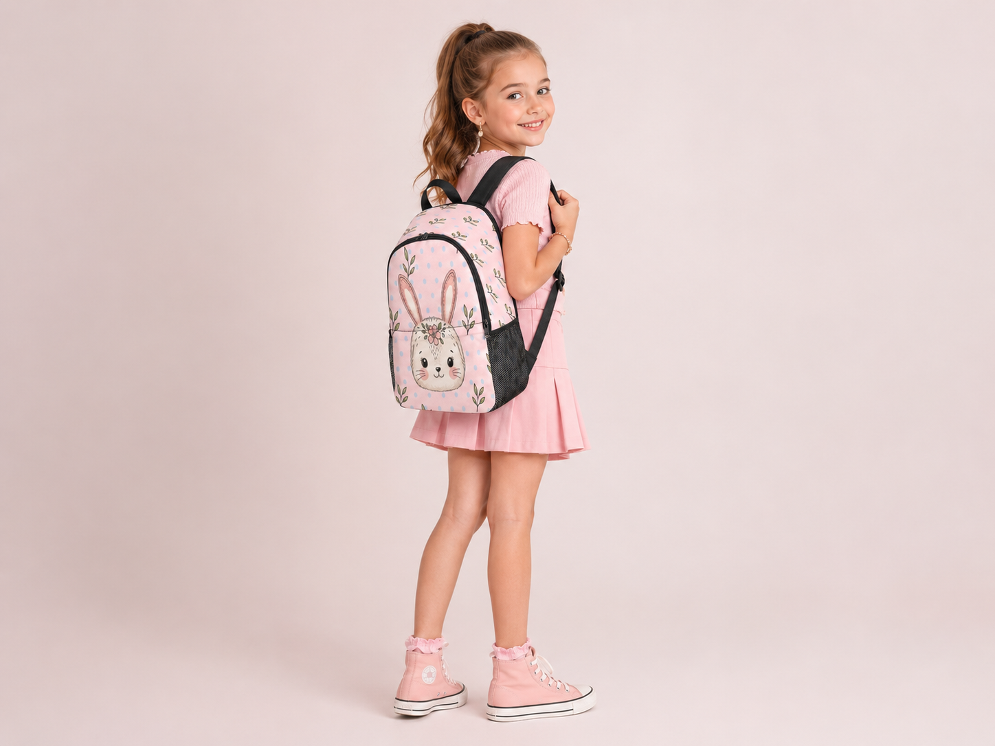 Rich and Rich Girls Bunny Designer Backpack | Pink Polka Dot 1200D Nylon Kids School & Travel Bag