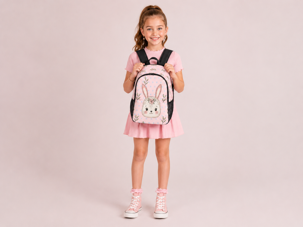 Rich and Rich Girls Bunny Designer Backpack | Pink Polka Dot 1200D Nylon Kids School & Travel Bag