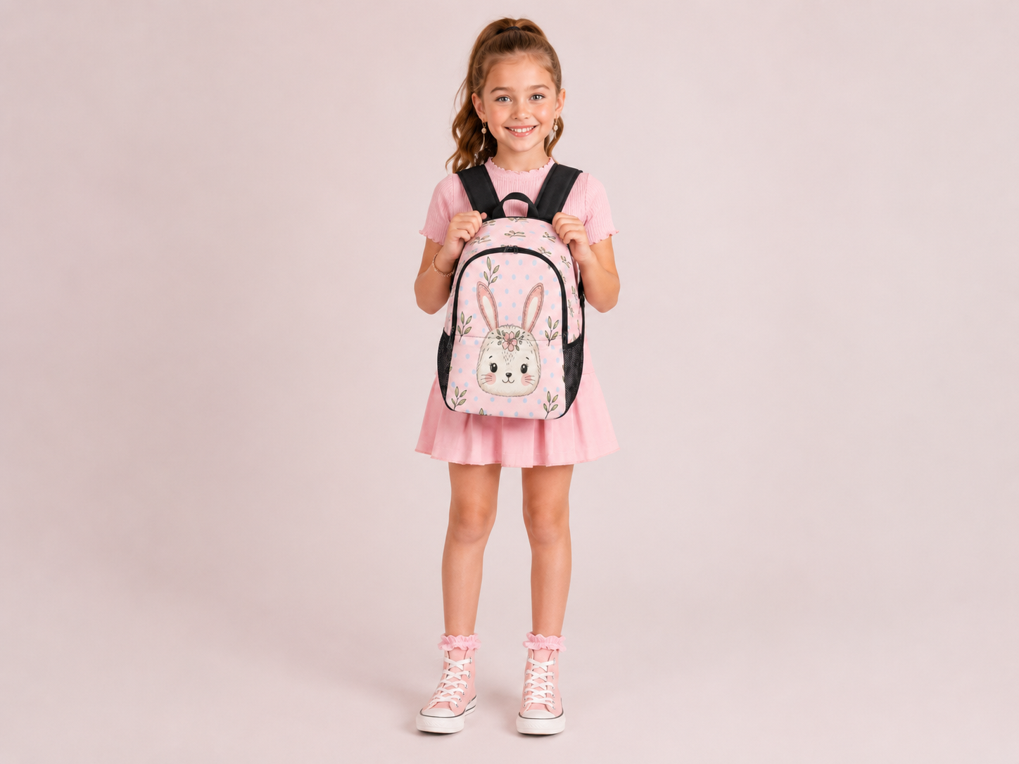 Rich and Rich Girls Bunny Designer Backpack | Pink Polka Dot 1200D Nylon Kids School & Travel Bag