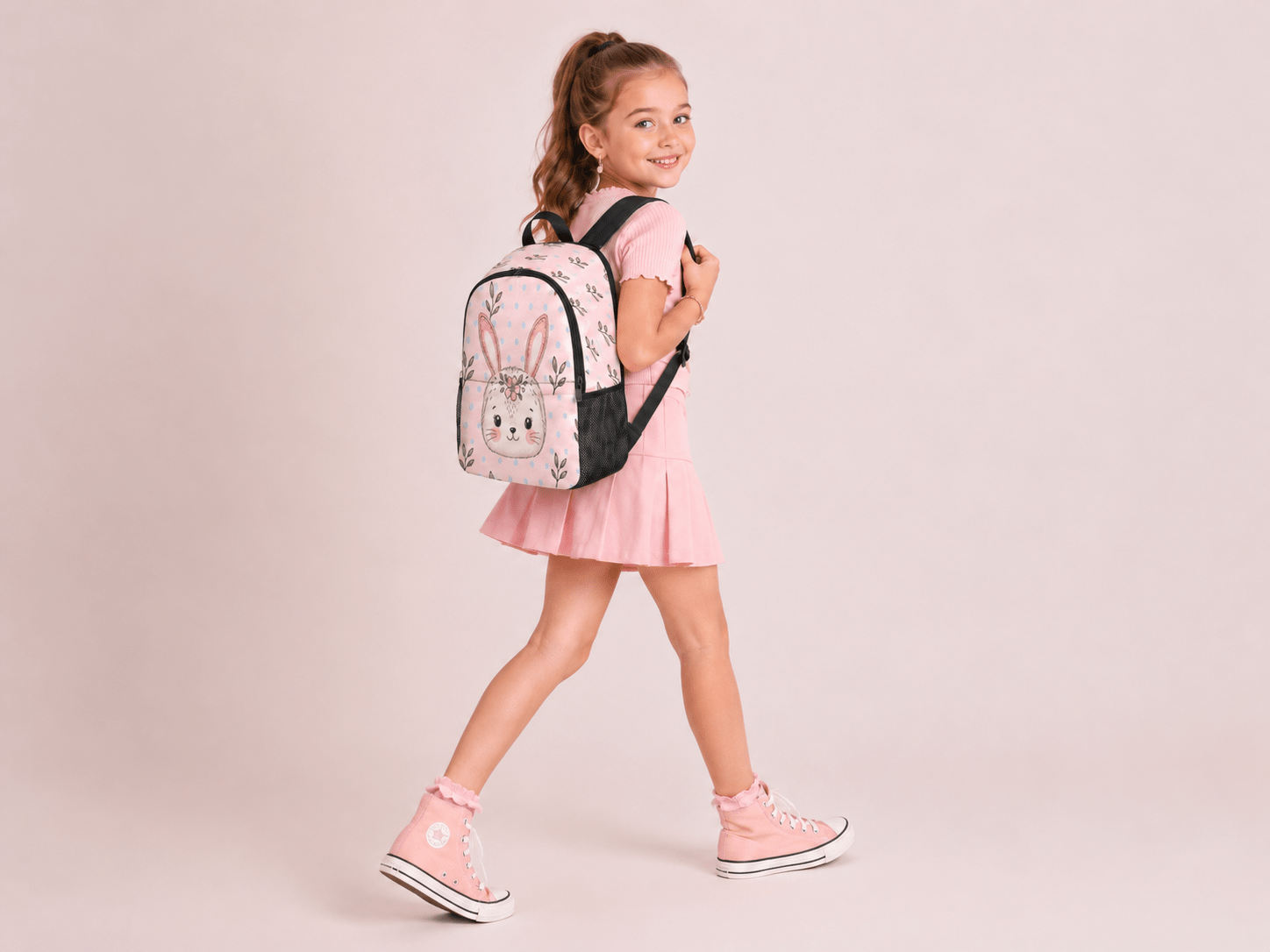 Pink and white girls' backpack with bunny faces, light blue polka dots, and coral ear accents — alternate view
