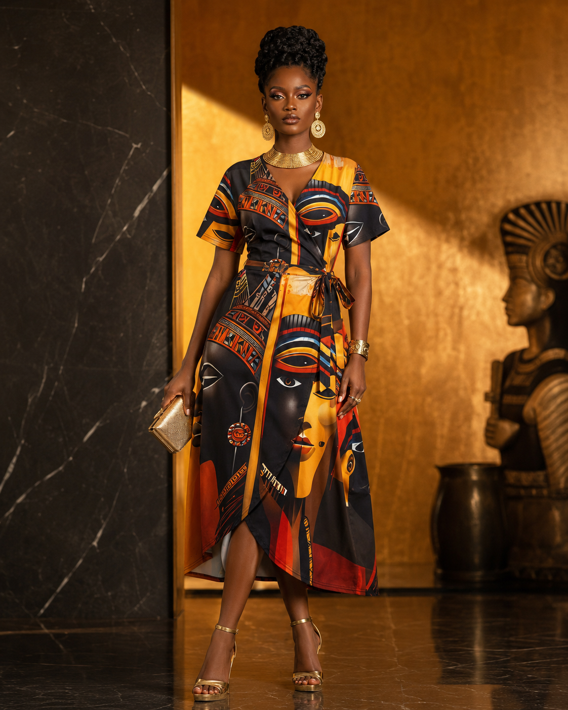 Rich & Rich Afrocentric Egyptian Art All-Over Print Wrap Midi Dress