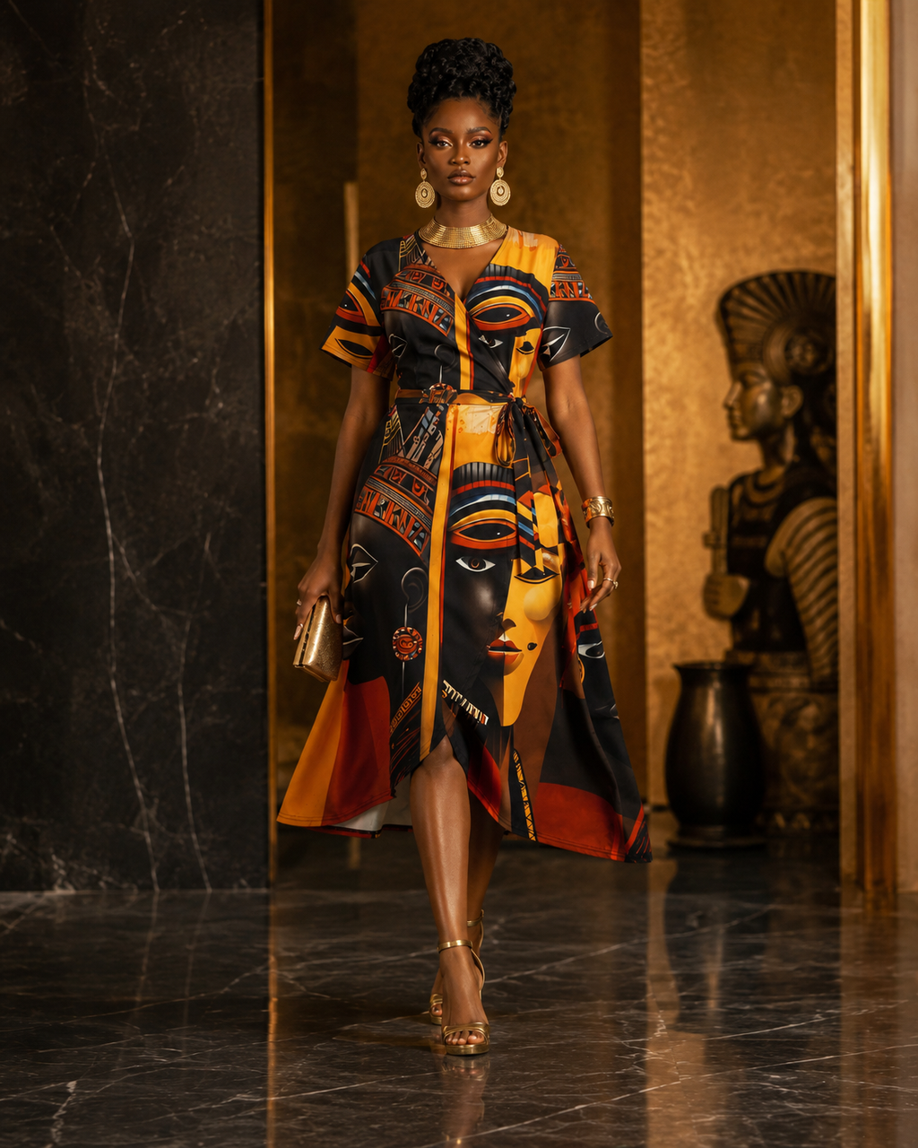 Rich & Rich Afrocentric Egyptian Art All-Over Print Wrap Midi Dress
