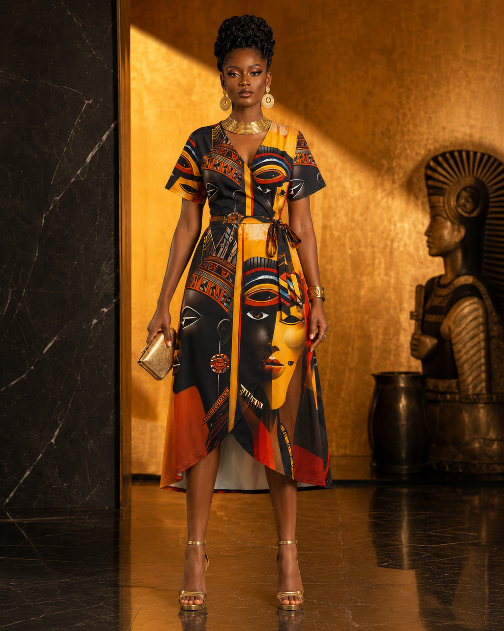 Rich & Rich Afrocentric Egyptian Art All-Over Print Wrap Midi Dress