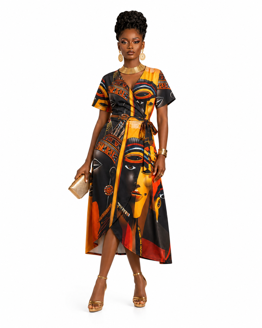 Rich & Rich Afrocentric Egyptian Art All-Over Print Wrap Midi Dress