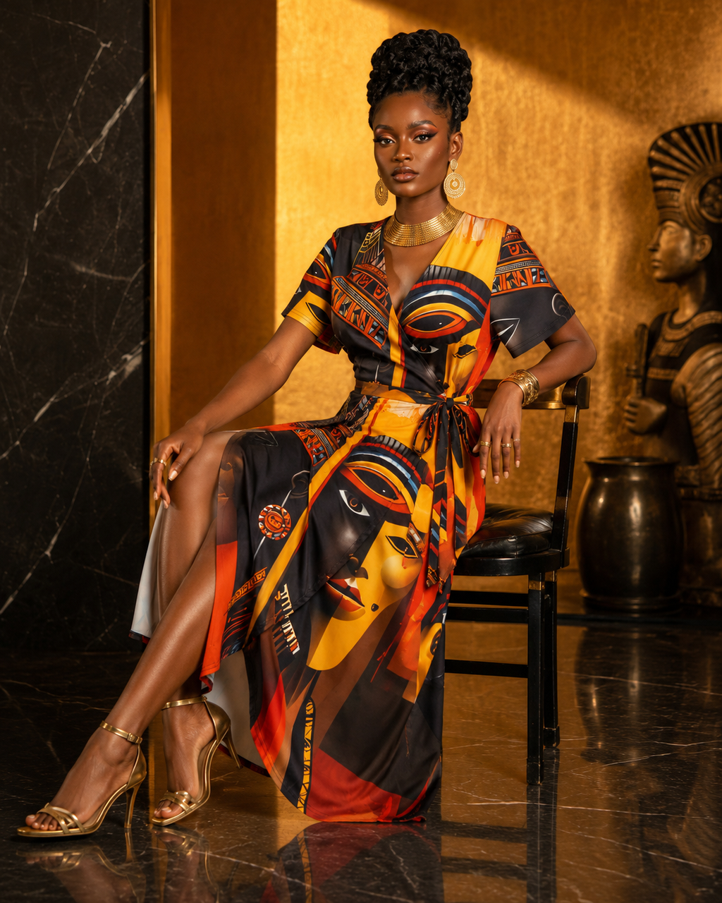 Rich & Rich Afrocentric Egyptian Art All-Over Print Wrap Midi Dress