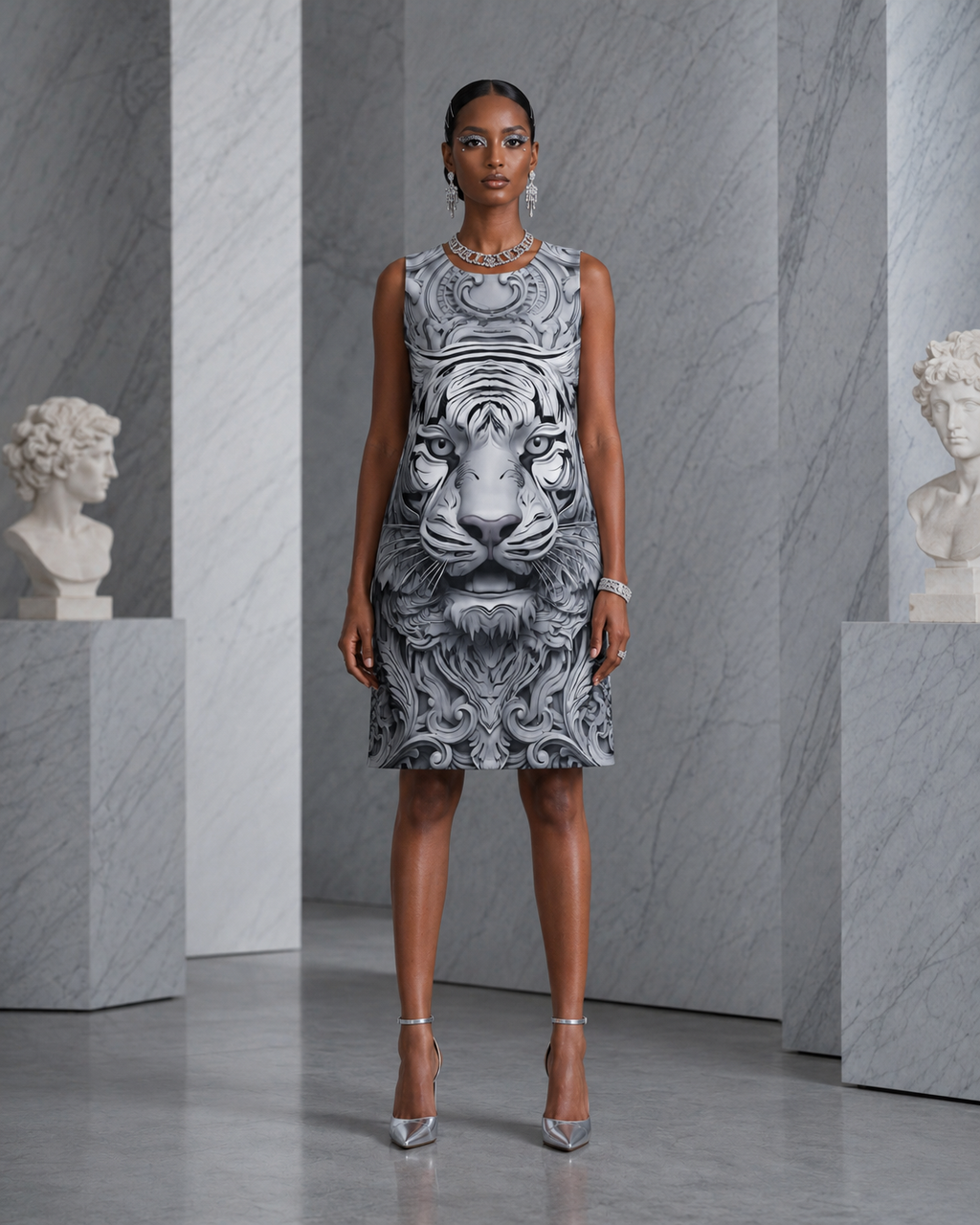 Rich & Rich Silver Baroque Tiger All-Over Print Shift Dress