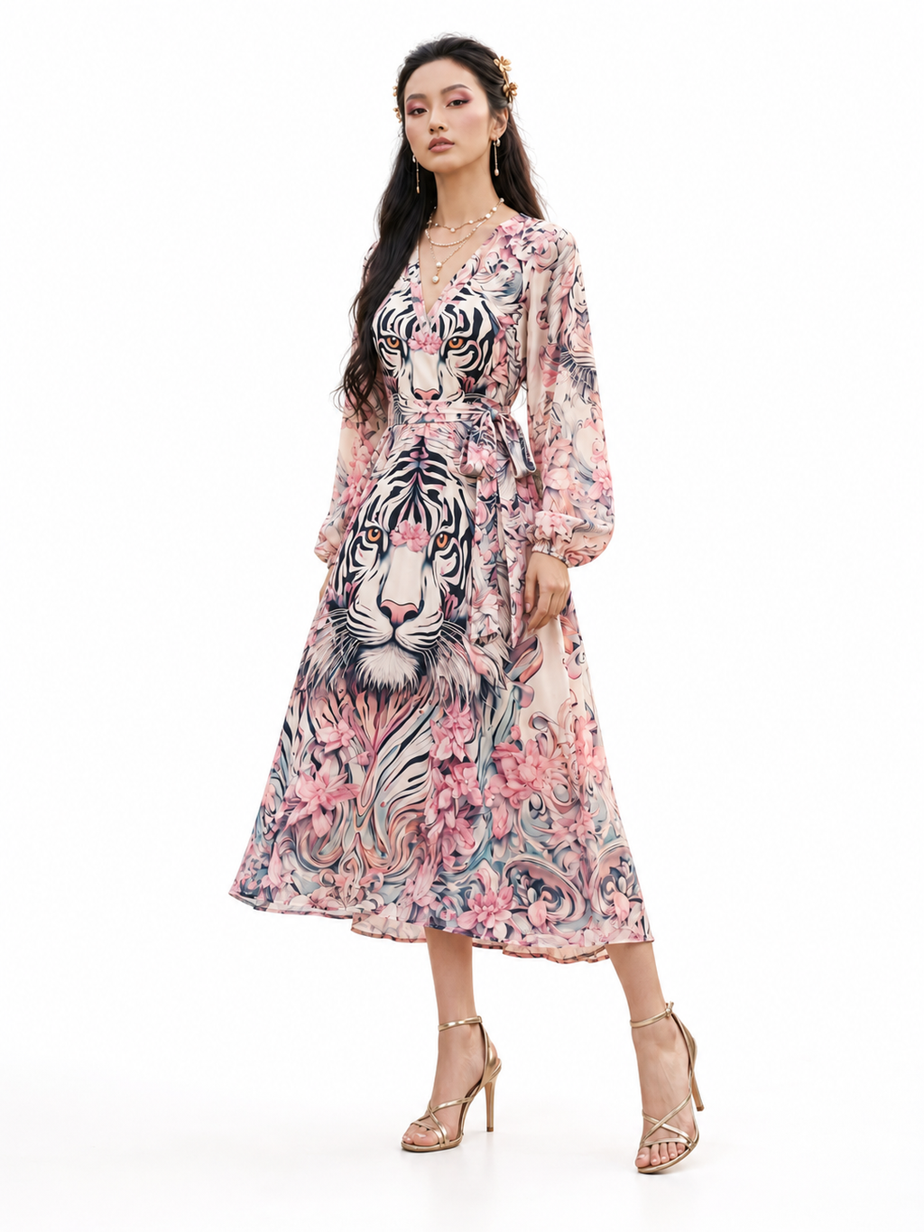 Rich & Rich White Tiger Cherry Blossom All-Over Print Wrap Midi Dress