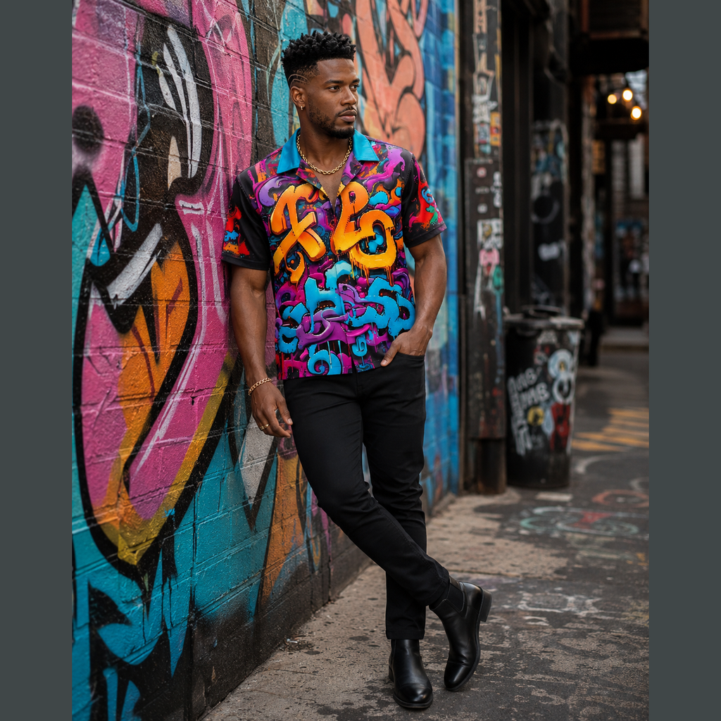 Men's slim fit streetwear shirt featuring explosive urban art print