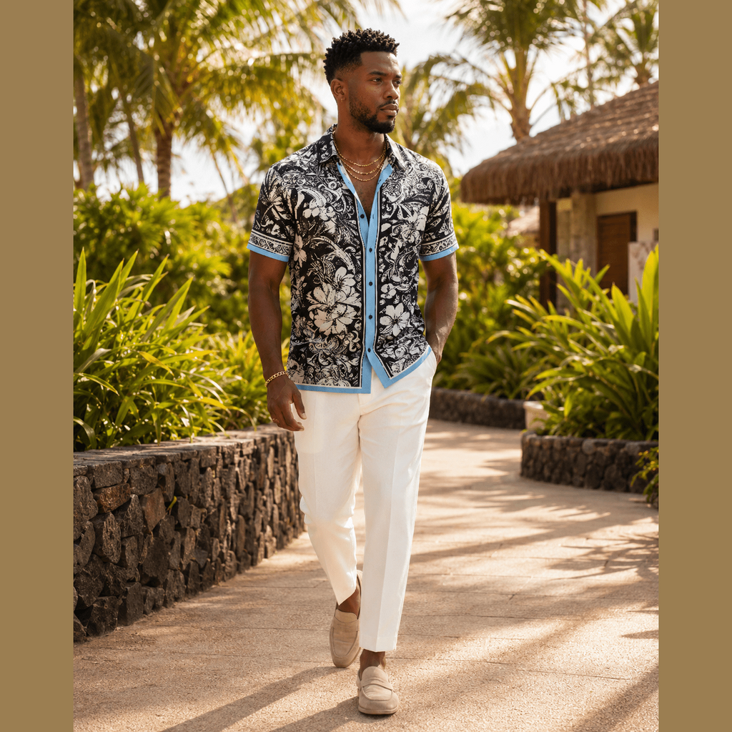 Luxury streetwear shirt with intricate tropical leaf illustration